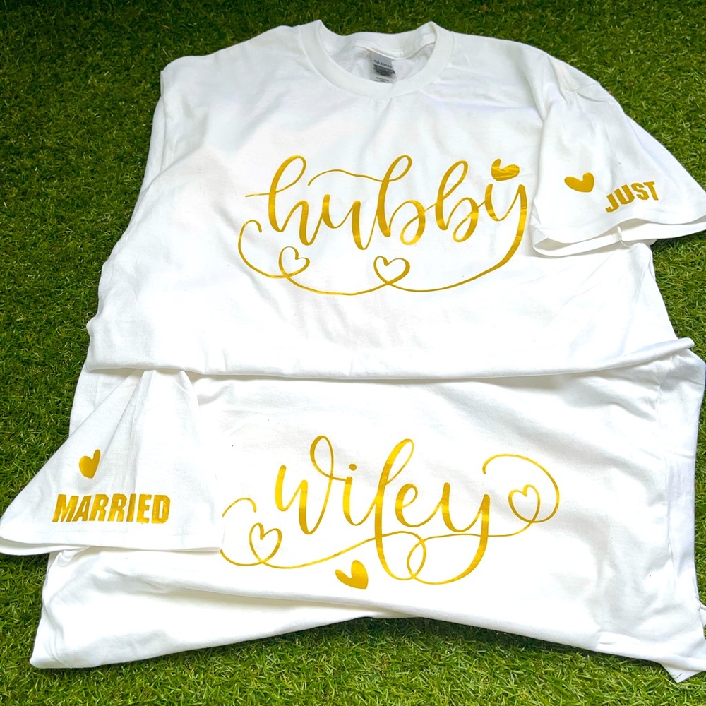 Hubby and wifey WHITE SHIRTS WITH GOLD LETTERS